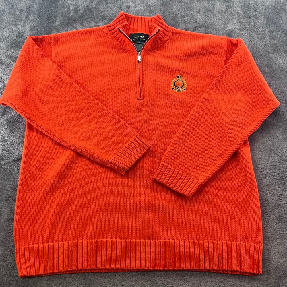 Lauren Ralph Lauren Mens Orange Cotton Quarter Zip Crest Sweater Medium RN 54050